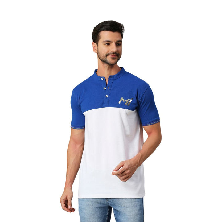 Fancode x Mumbai Indians Men White and Blue Colourblocked Half Sleeves Polo Collar Cotton T-Shirt
