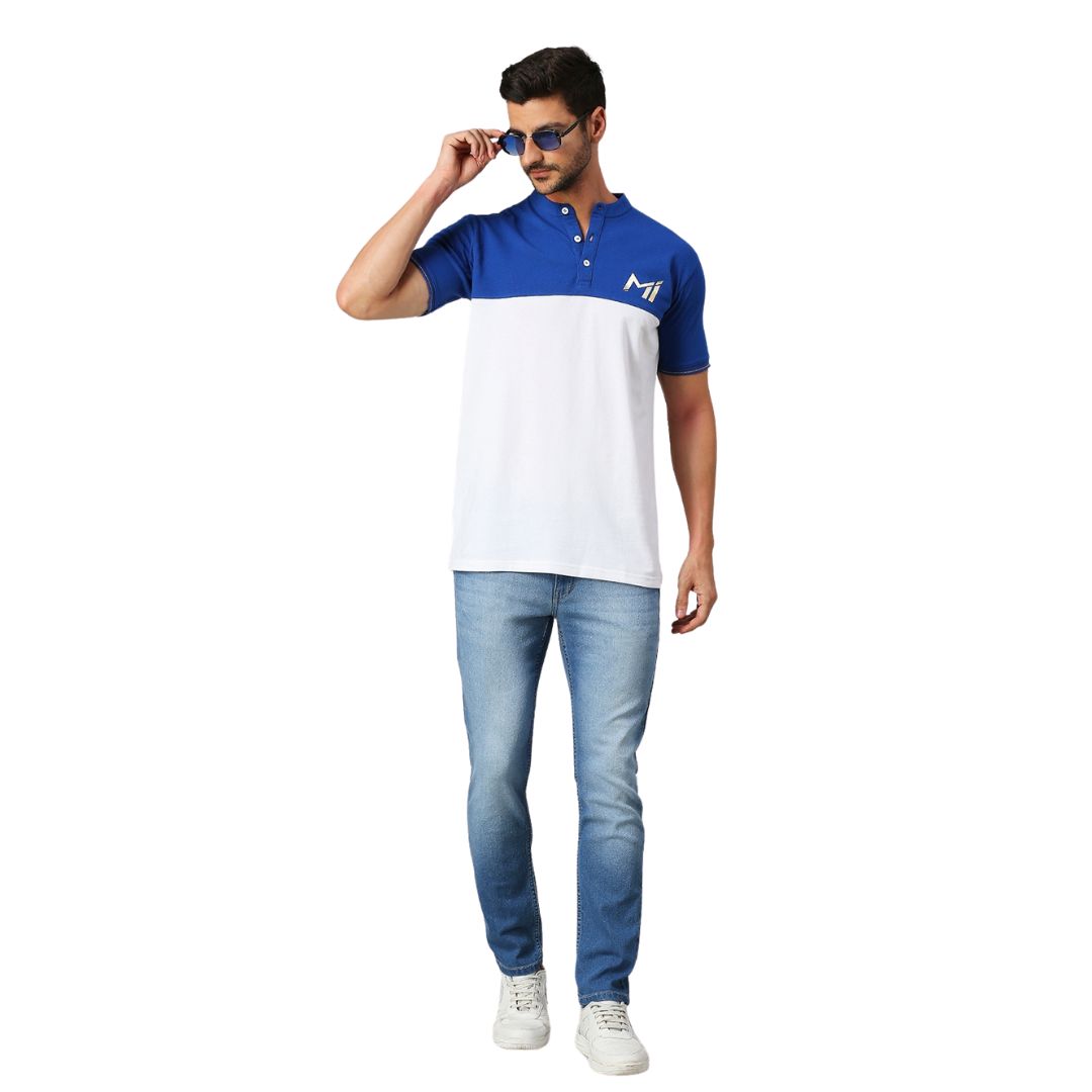 Fancode x Mumbai Indians Men White and Blue Colourblocked Half Sleeves Polo Collar Cotton T-Shirt