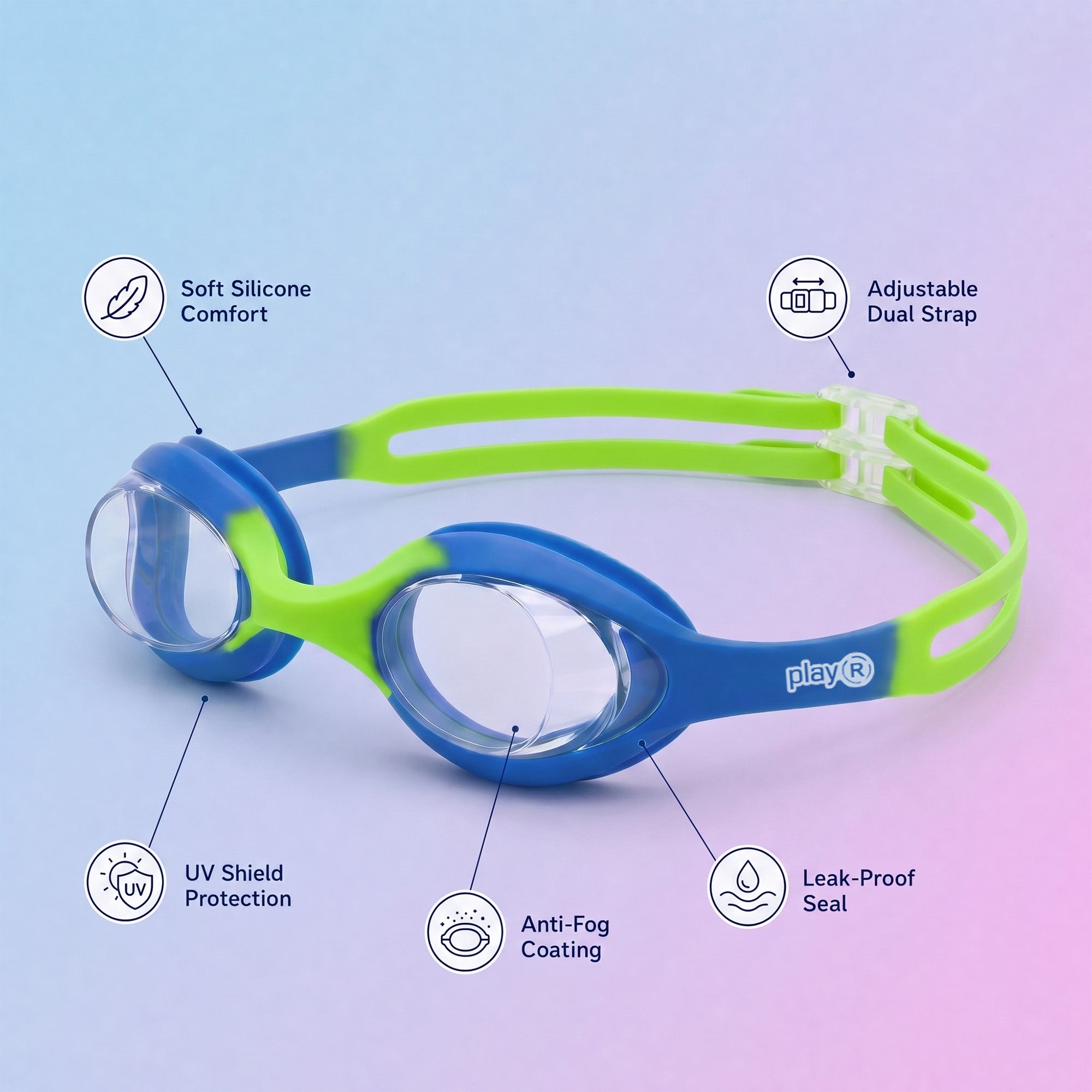 Kids Swimming Silicone Polycarbonate Goggles Essentials UV Protection Anti Fog — Green Blue