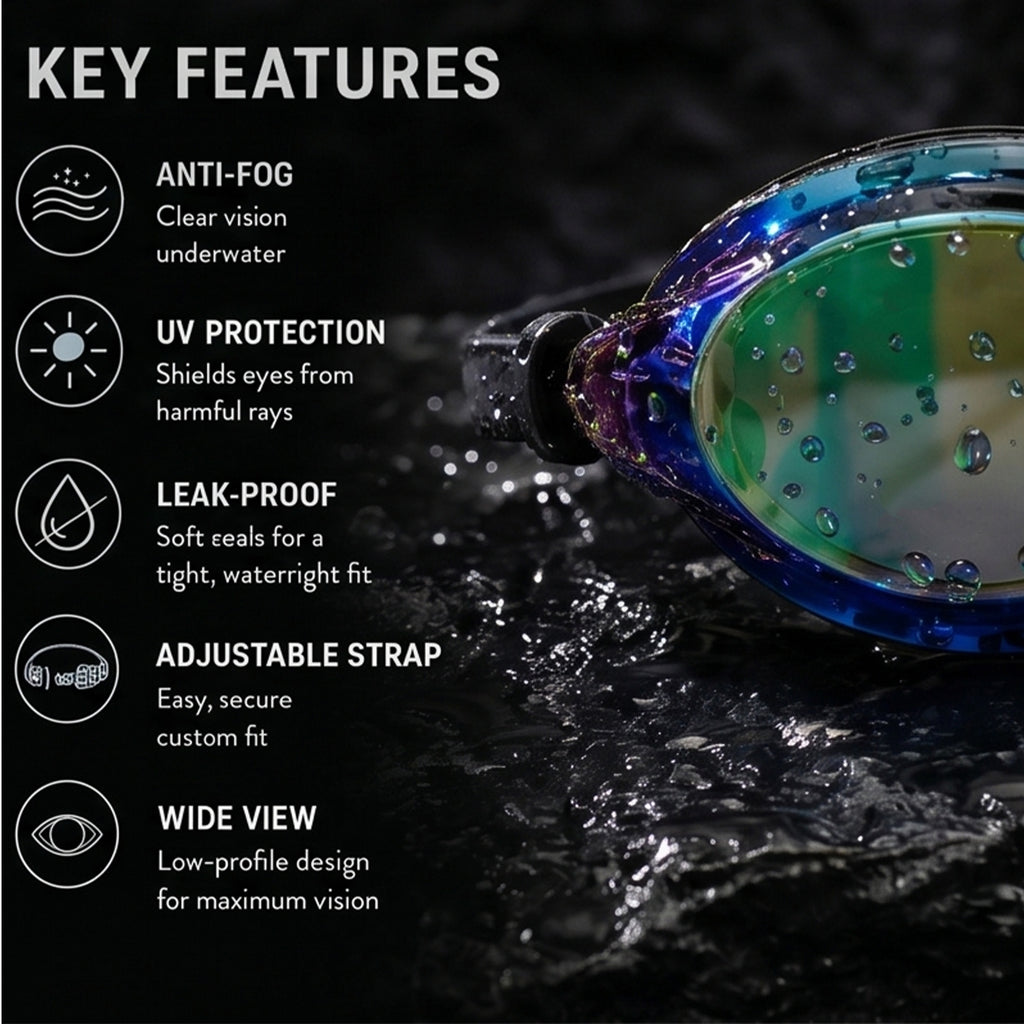 Adult Swimming Silicone PolyCarbonate Electroplated Goggles Professional UV Protection Anti Fog — Blue Black