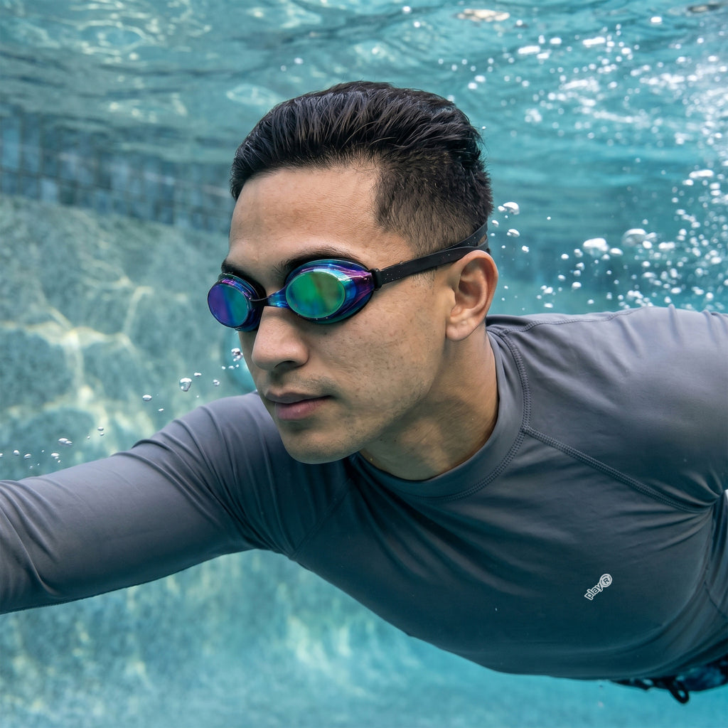 Adult Swimming Silicone PolyCarbonate Electroplated Goggles Professional UV Protection Anti Fog — Blue Black