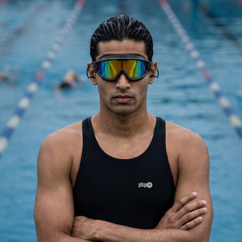 Adult Swimming Silicone PolyCarbonate Electroplated Goggles Mask Performance UV Protection Anti Fog — Black