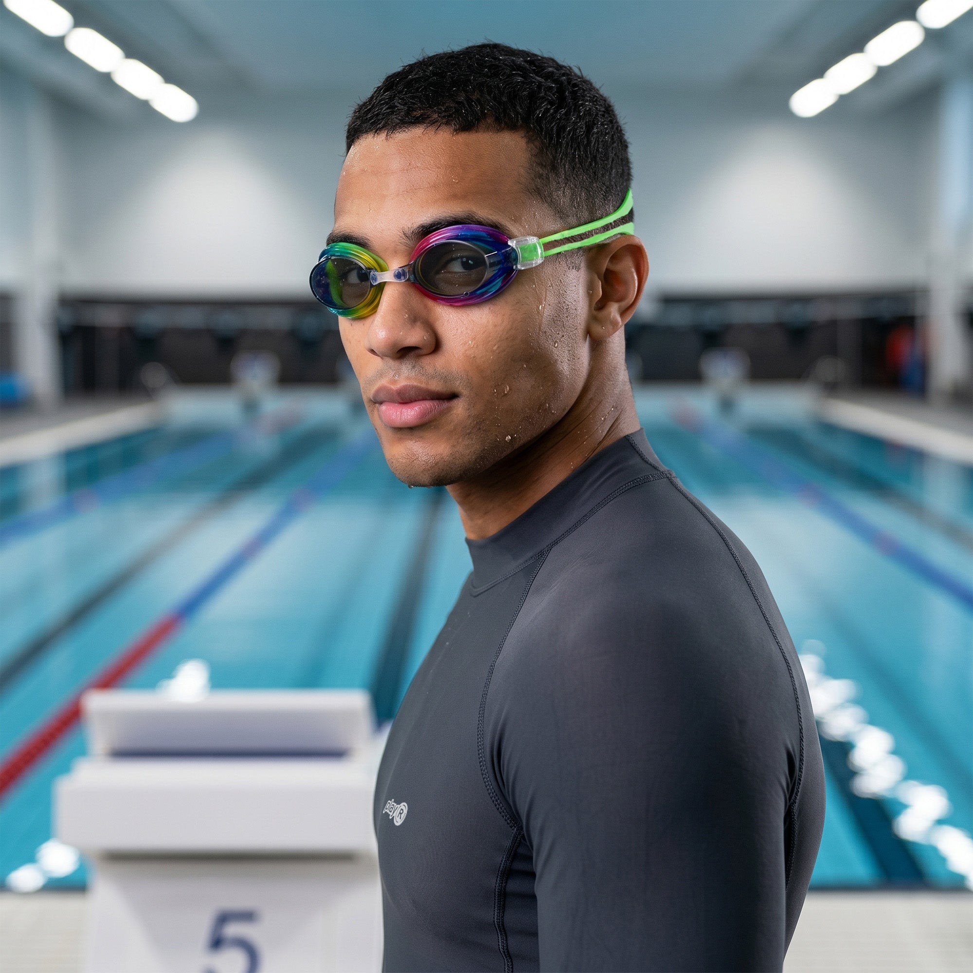 Adult Swimming Silicone PolyCarbonate Electroplated Goggles Professional UV Protection Anti Fog — Blue Green