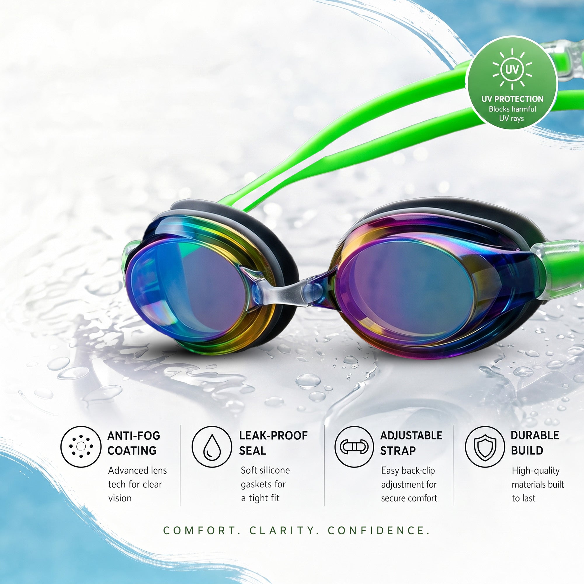 Adult Swimming Silicone PolyCarbonate Electroplated Goggles Professional UV Protection Anti Fog — Blue Green