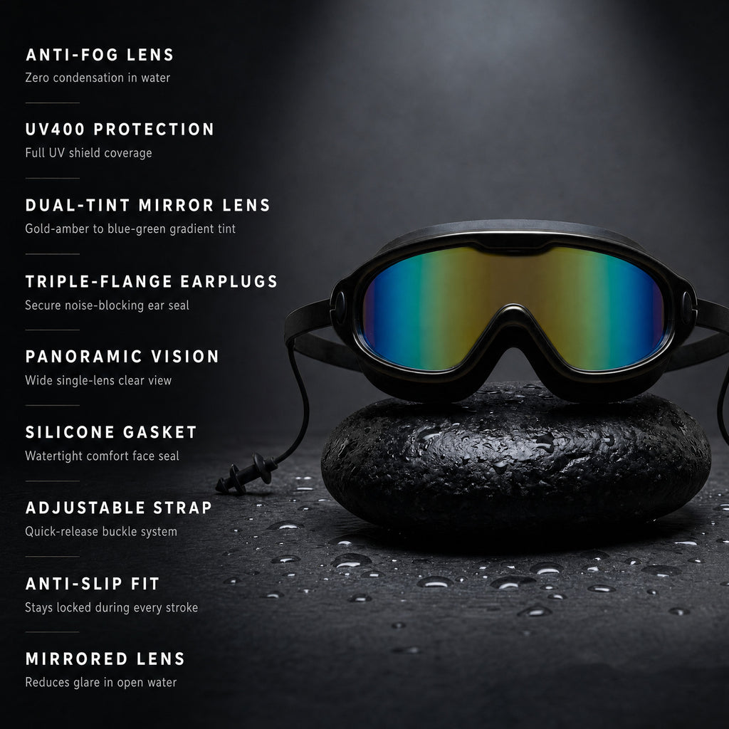 Adult Swimming Silicone PolyCarbonate Electroplated Goggles Mask Performance UV Protection Anti Fog — Black