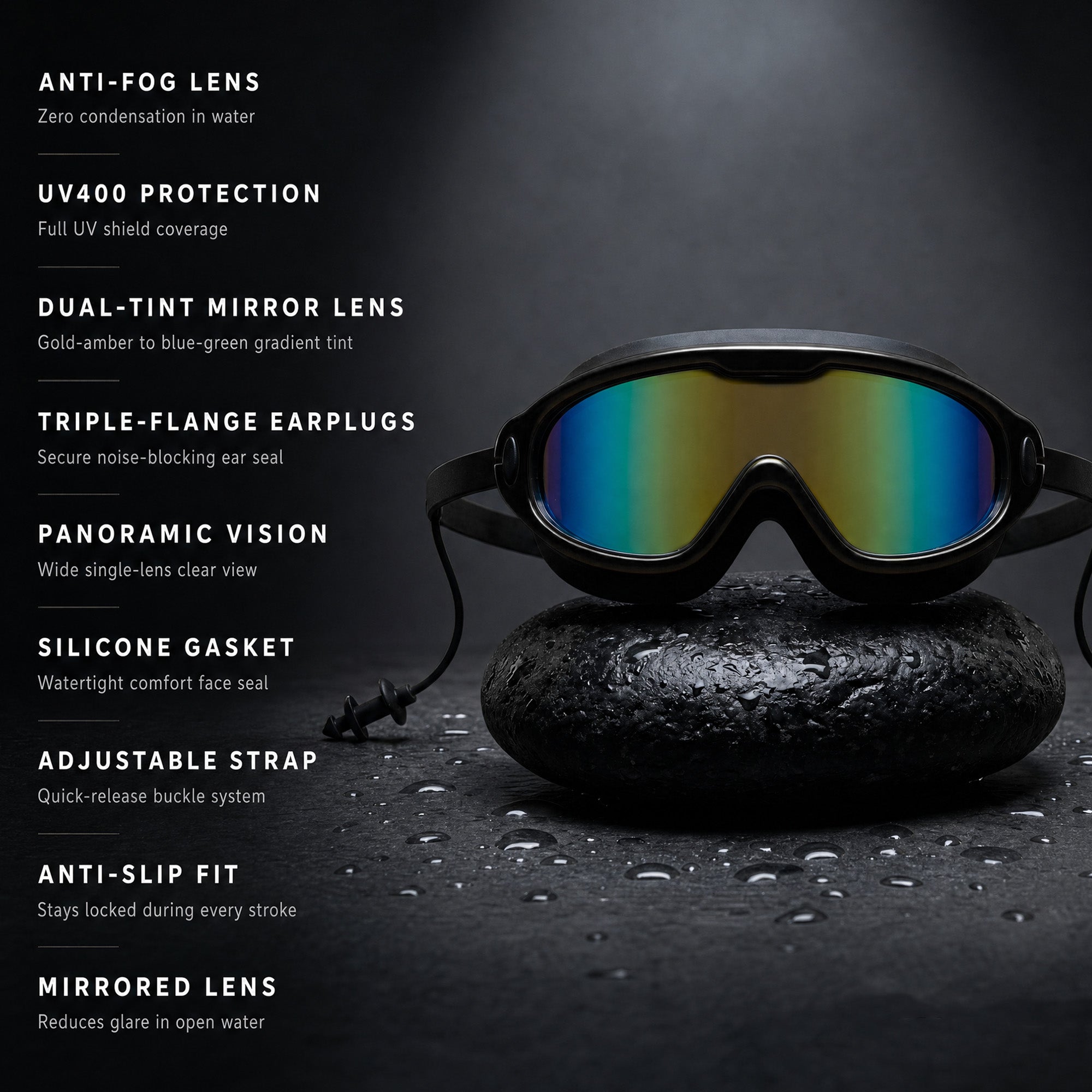 Adult Swimming Silicone PolyCarbonate Electroplated Goggles Mask Performance UV Protection Anti Fog — Black