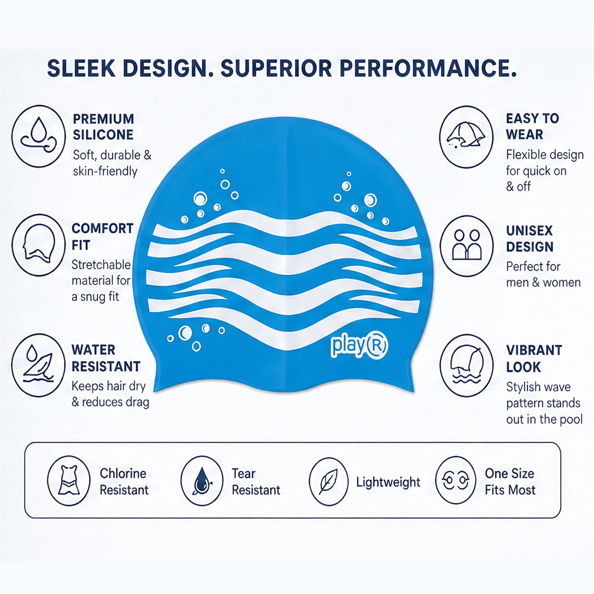 Kids Swimming Silicone Cap Wave Essentials — Blue Secondary image