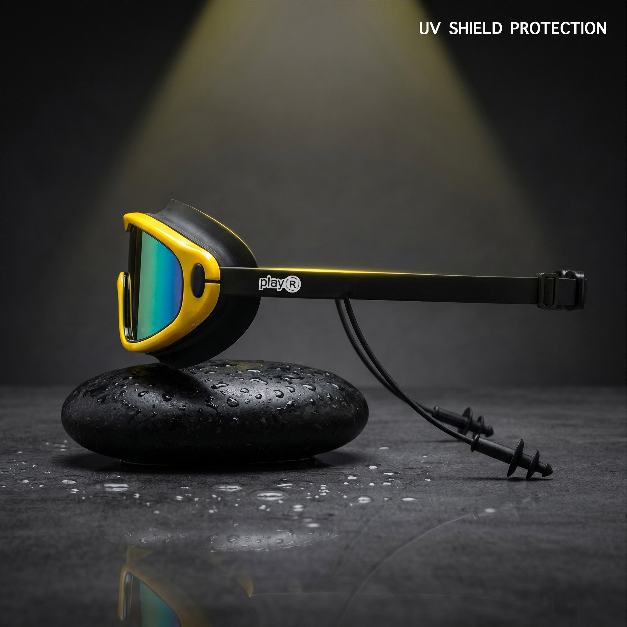 Adult Swimming Silicone PolyCarbonate Electroplated Goggles Mask Performance UV Protection Anti Fog — Yellow Black