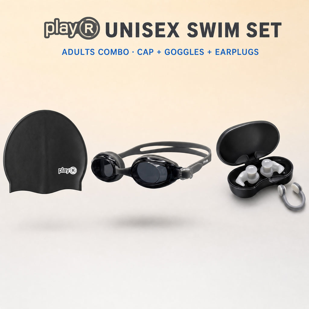 playR Swim Cap, Goggles, Ear Plugs &amp; Nose Clip Combo for Adults - Black