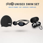 playR Swim Cap, Goggles, Ear Plugs &amp; Nose Clip Combo for Adults - Black