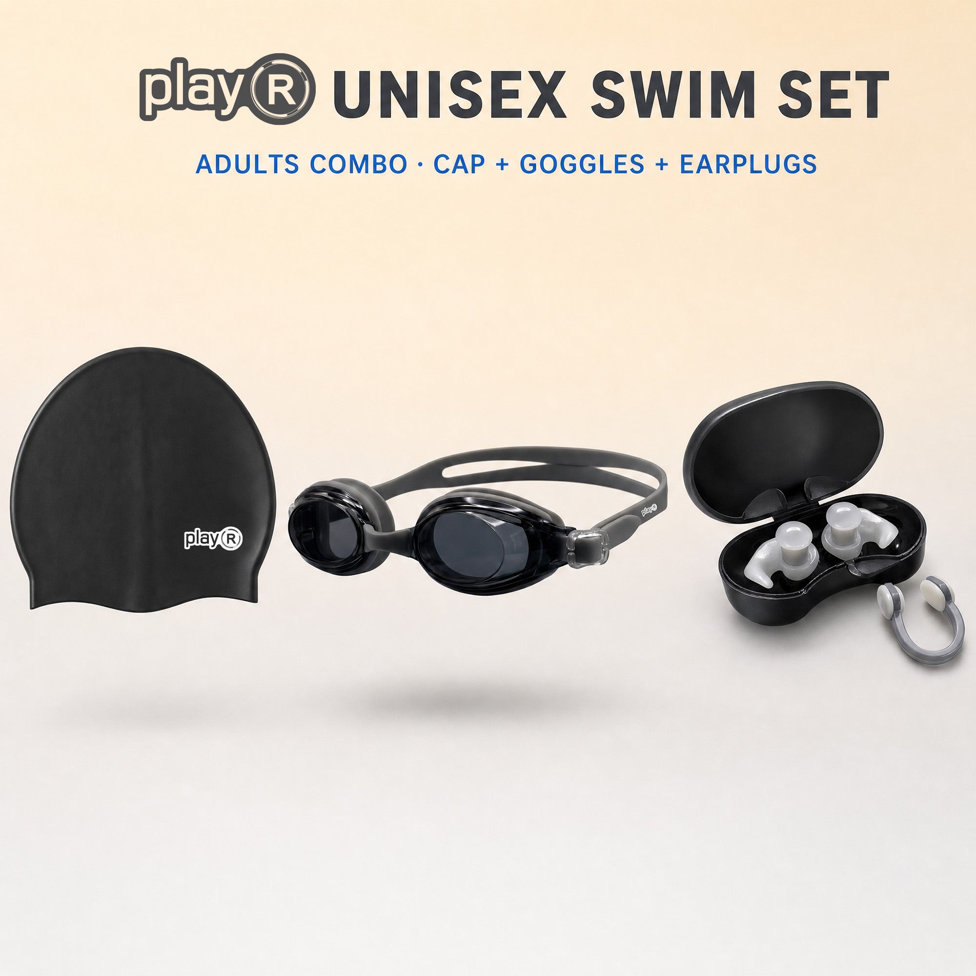 playR Swim Cap, Goggles, Ear Plugs &amp; Nose Clip Combo for Adults - Black