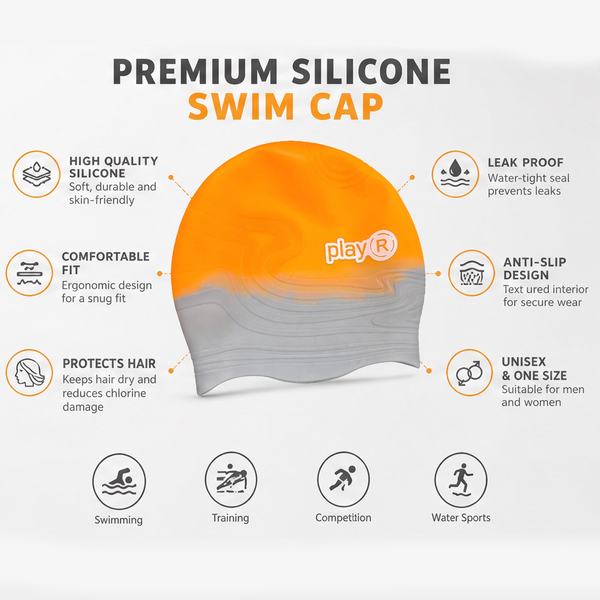 Adult Swimming Silicone Cap Professional — Orange Silver Secondary image