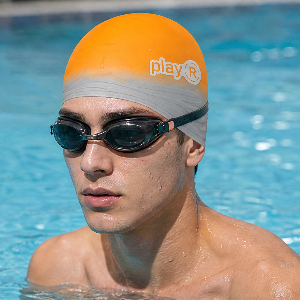 Adult Swimming Silicone Cap Professional — Orange Silver