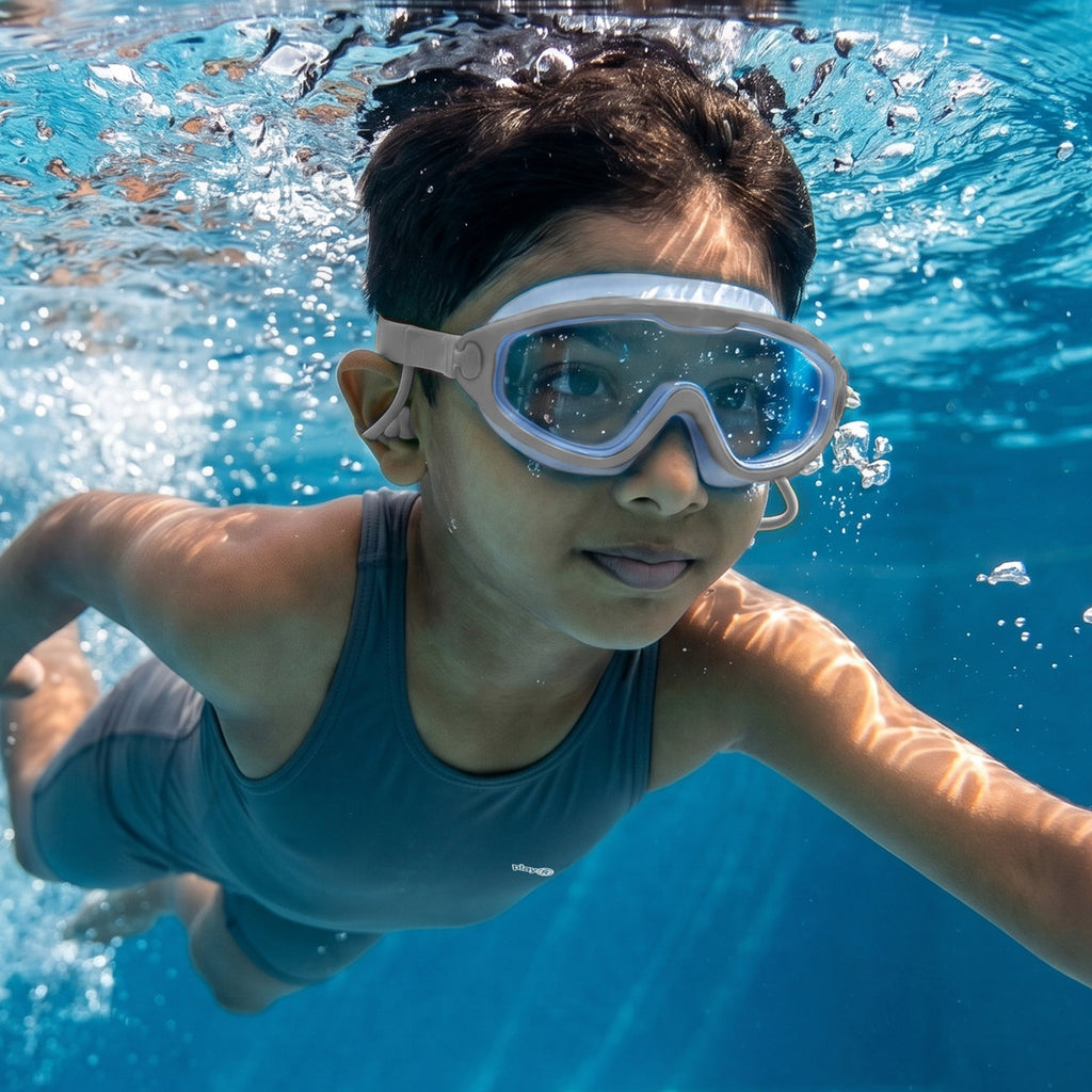 Kids Swimming Silicone PolyCarbonate Goggles Mask Essentials UV Protection Anti Fog — Blue Grey