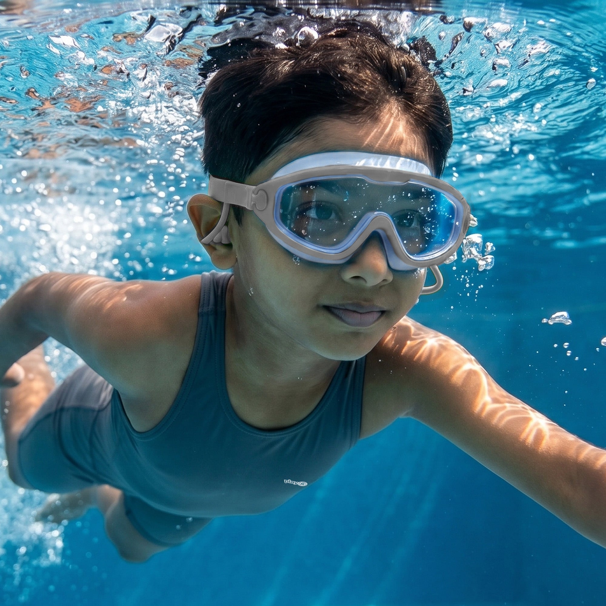 Kids Swimming Silicone PolyCarbonate Goggles Mask Essentials UV Protection Anti Fog — Blue Grey