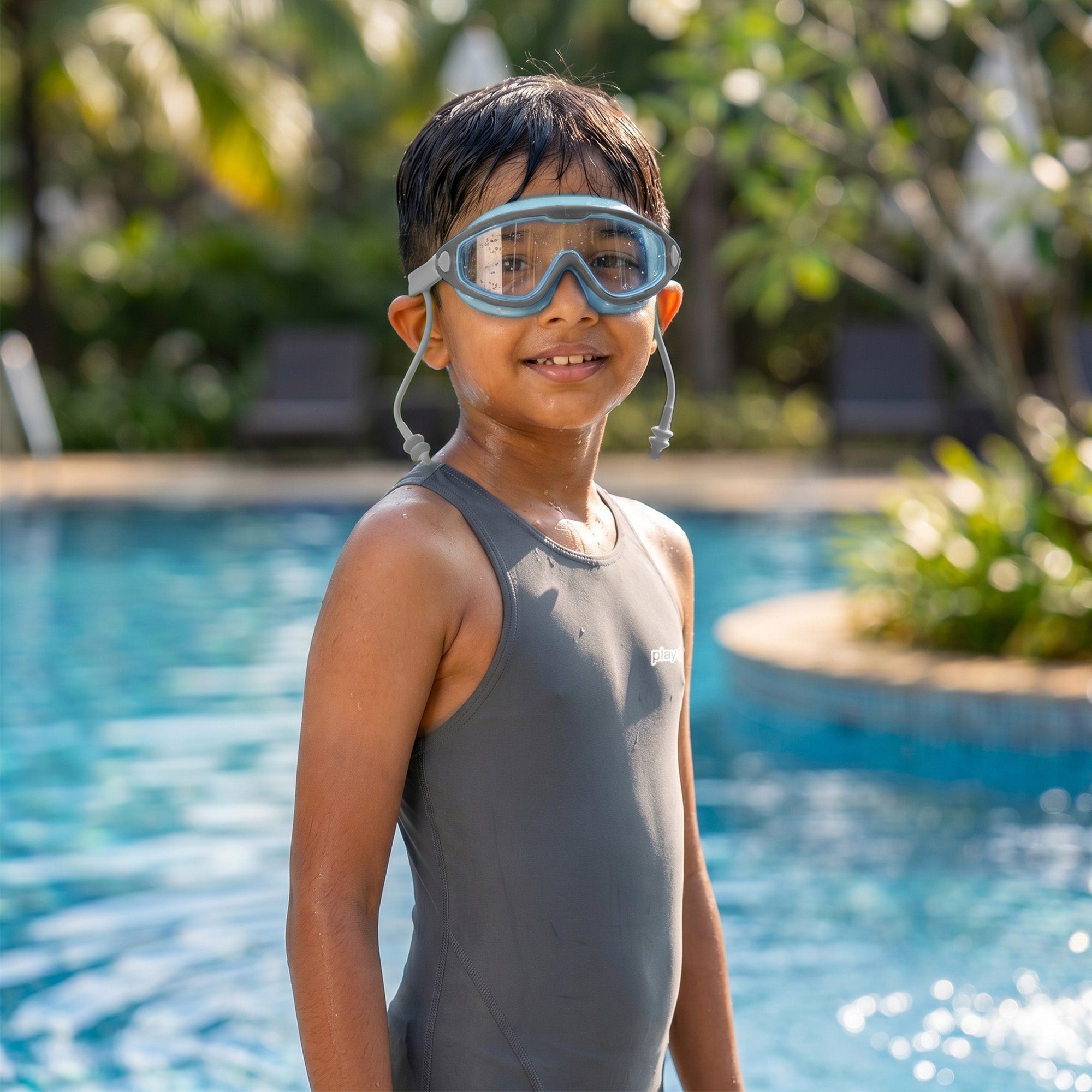 Kids Swimming Silicone PolyCarbonate Goggles Mask Essentials UV Protection Anti Fog — Blue Grey