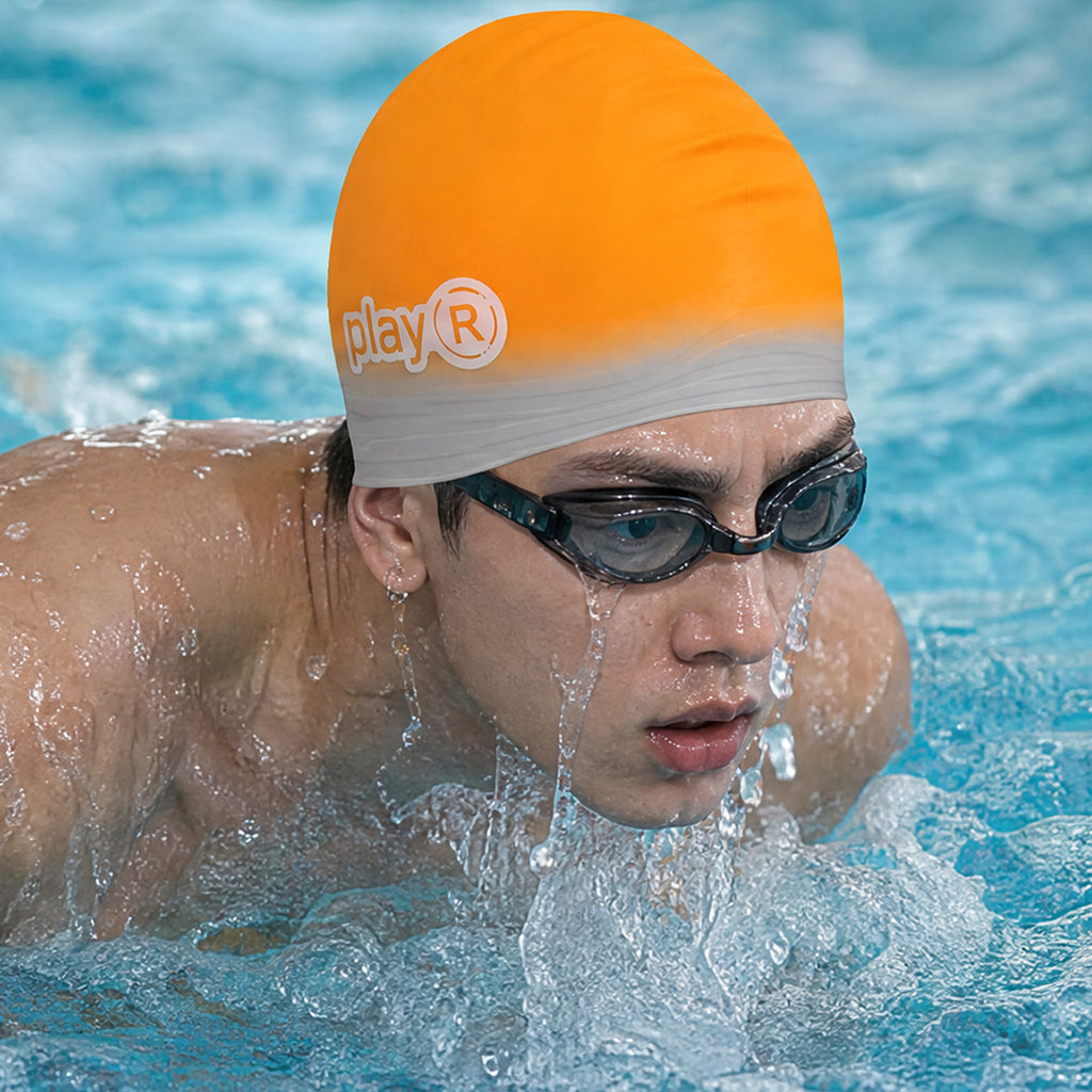 Adult Swimming Silicone Cap Professional — Orange Silver