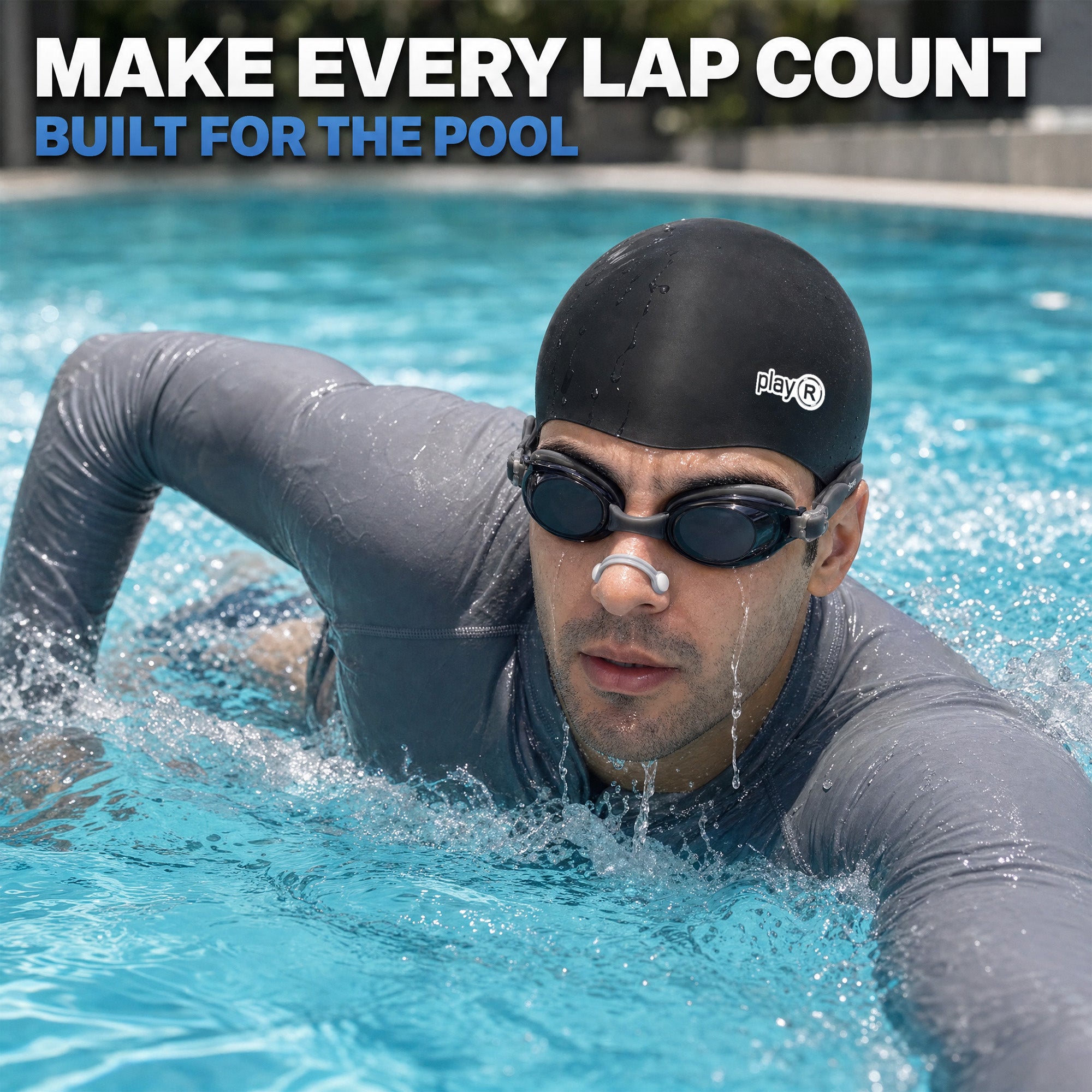 playR Swim Cap, Goggles, Ear Plugs &amp; Nose Clip Combo for Adults - Black