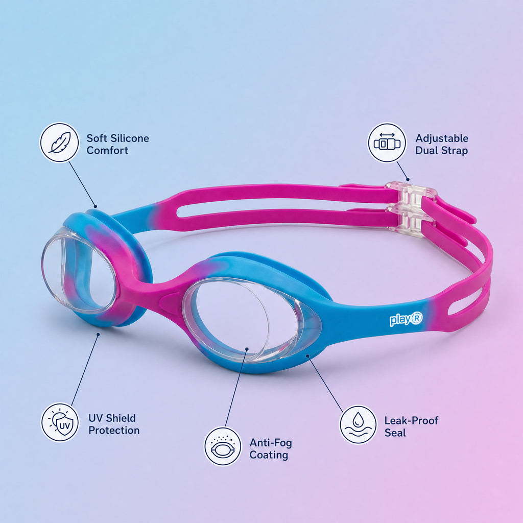 Kids Swimming Silicone Polycarbonate Goggles Essentials UV Protection Anti Fog — Pink Blue
