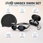 playR Swim Cap, Goggles, Ear Plugs &amp; Nose Clip Combo for Adults - Black