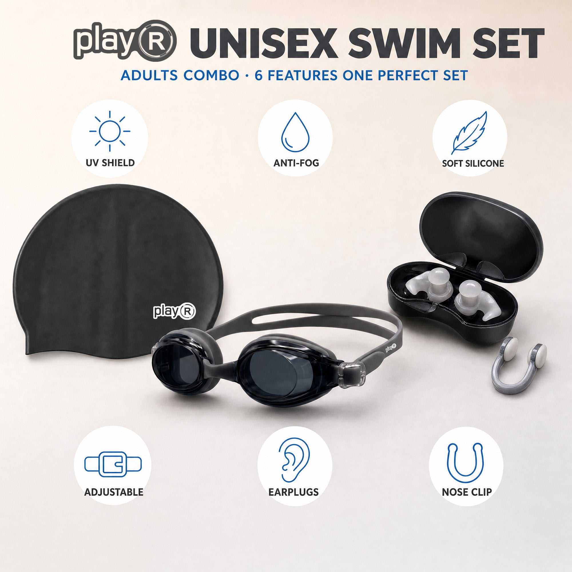 playR Swim Cap, Goggles, Ear Plugs &amp; Nose Clip Combo for Adults - Black