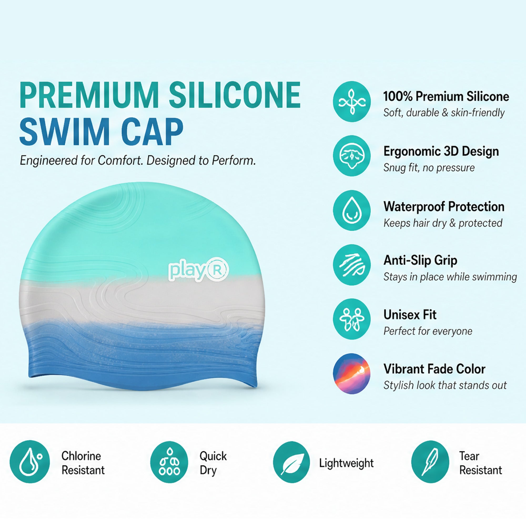 Adult Swimming Silicone Cap Professional — Teal Silver Secondary image