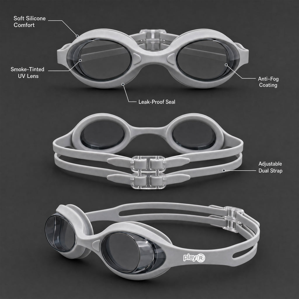 Kids Swimming Silicone Polycarbonate Goggles Essentials UV Protection Anti Fog — Lt. Grey