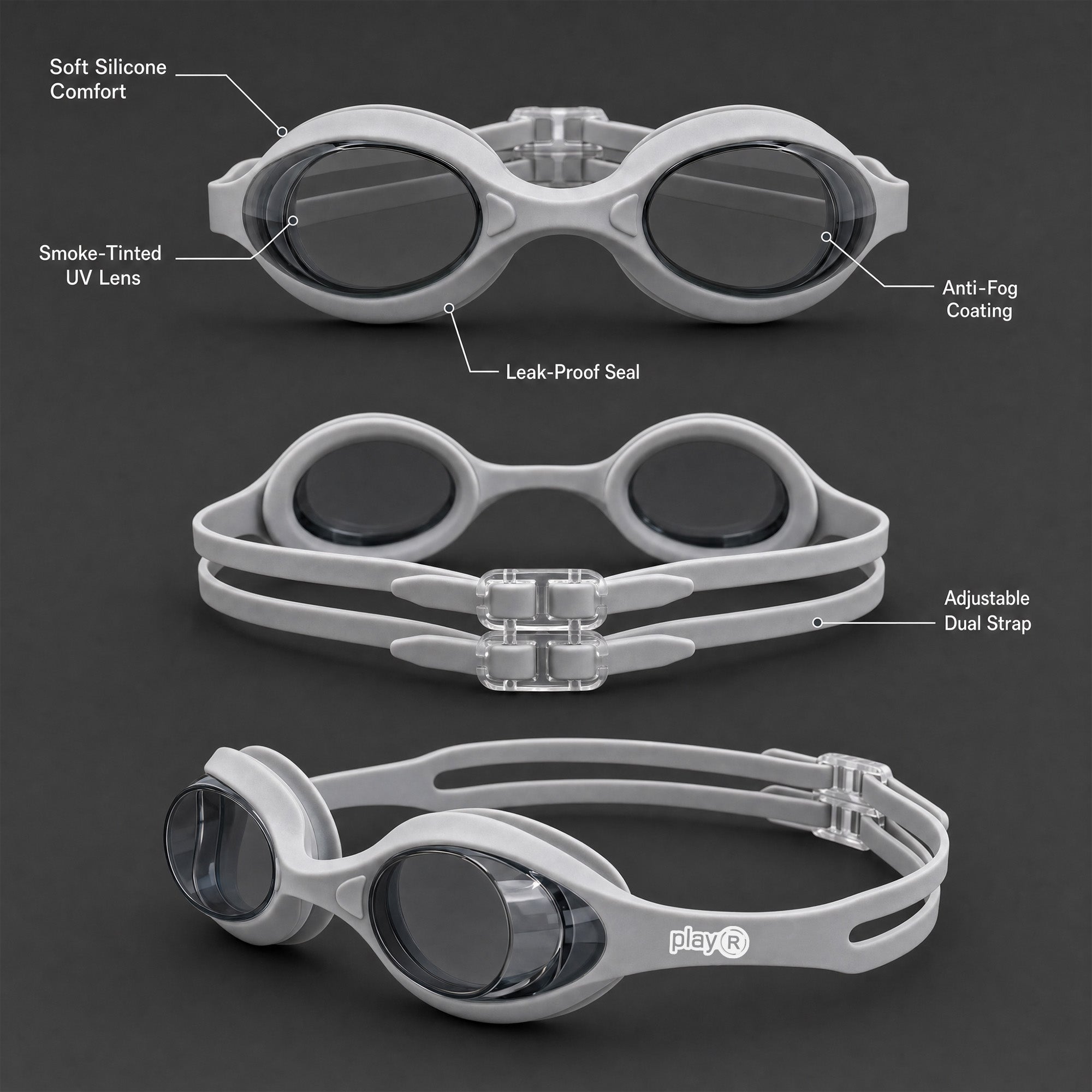 Kids Swimming Silicone Polycarbonate Goggles Essentials UV Protection Anti Fog — Lt. Grey