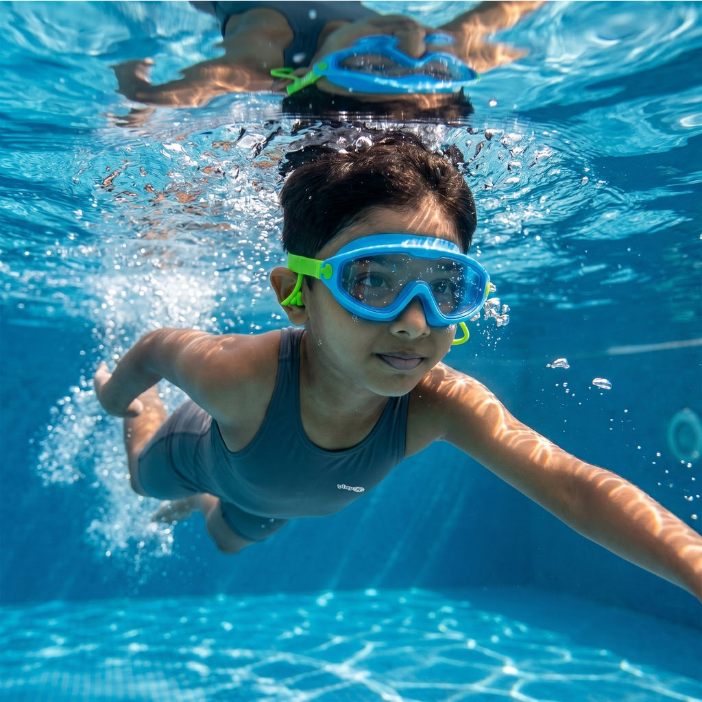 Kids Swimming Silicone PolyCarbonate Goggles Mask Essentials UV Protection Anti Fog — Green Blue