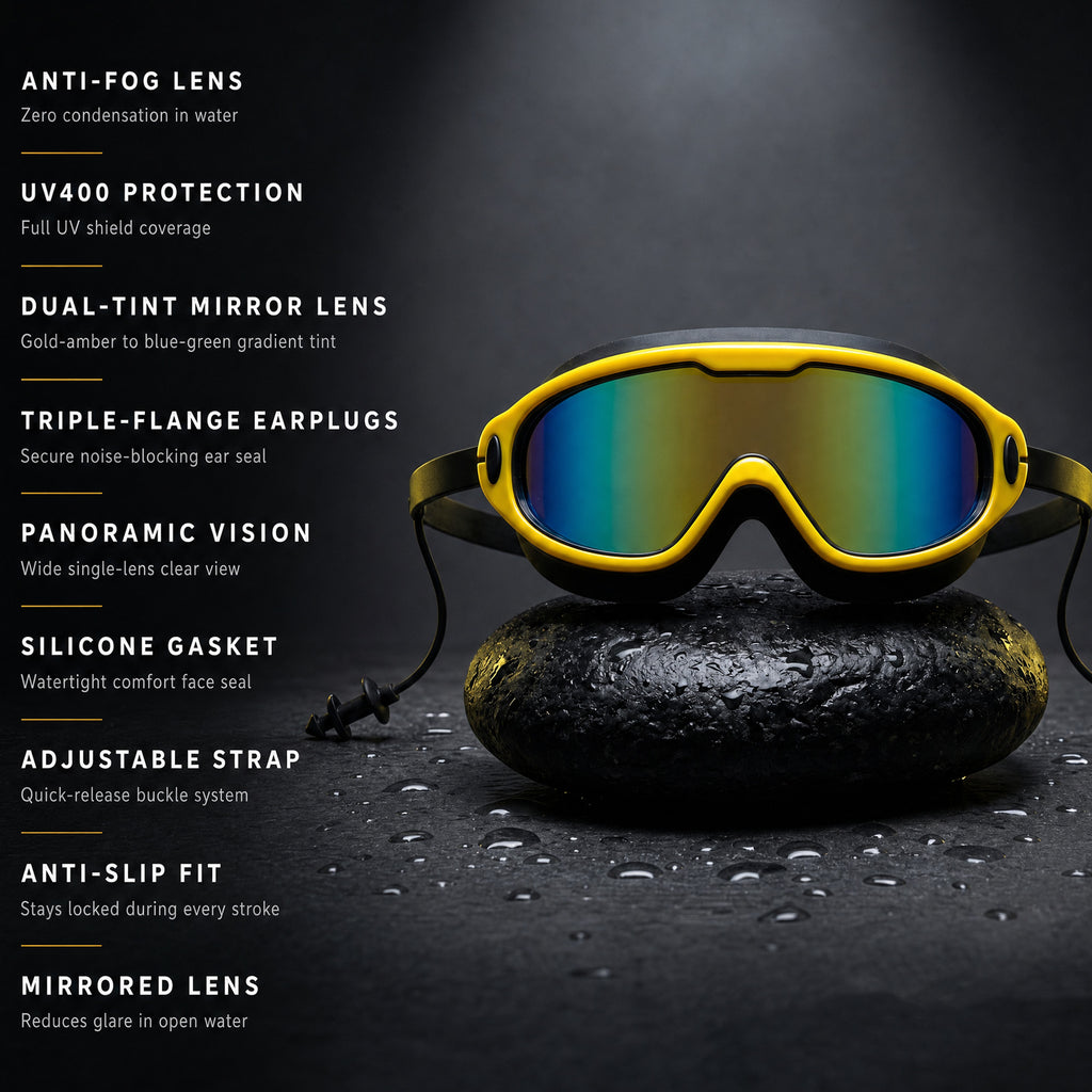 Adult Swimming Silicone PolyCarbonate Electroplated Goggles Mask Performance UV Protection Anti Fog — Yellow Black