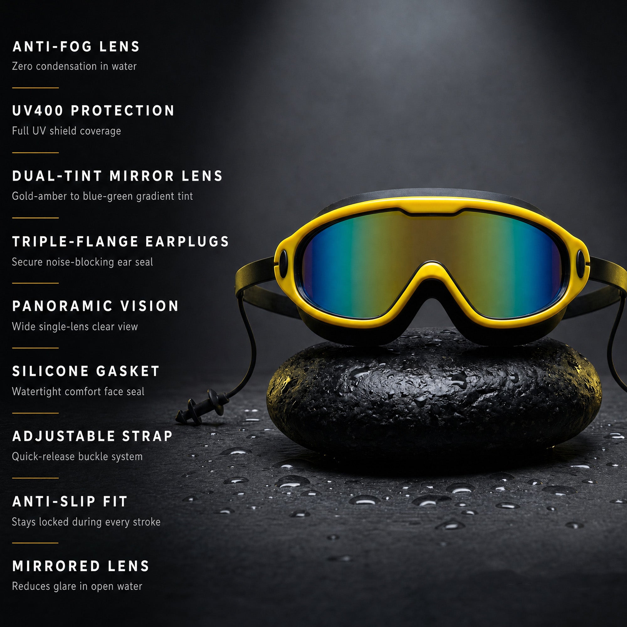 Adult Swimming Silicone PolyCarbonate Electroplated Goggles Mask Performance UV Protection Anti Fog — Yellow Black