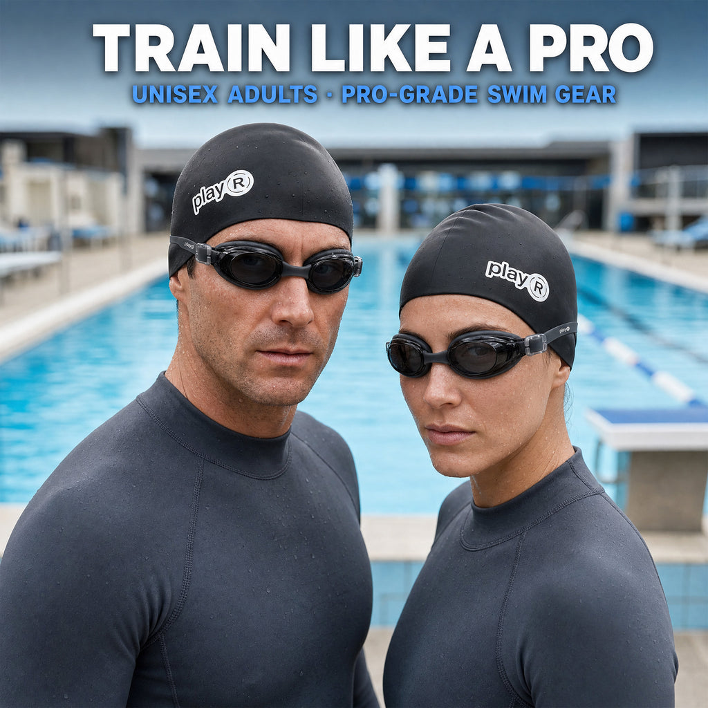 playR Swim Cap, Goggles, Ear Plugs &amp; Nose Clip Combo for Adults - Black