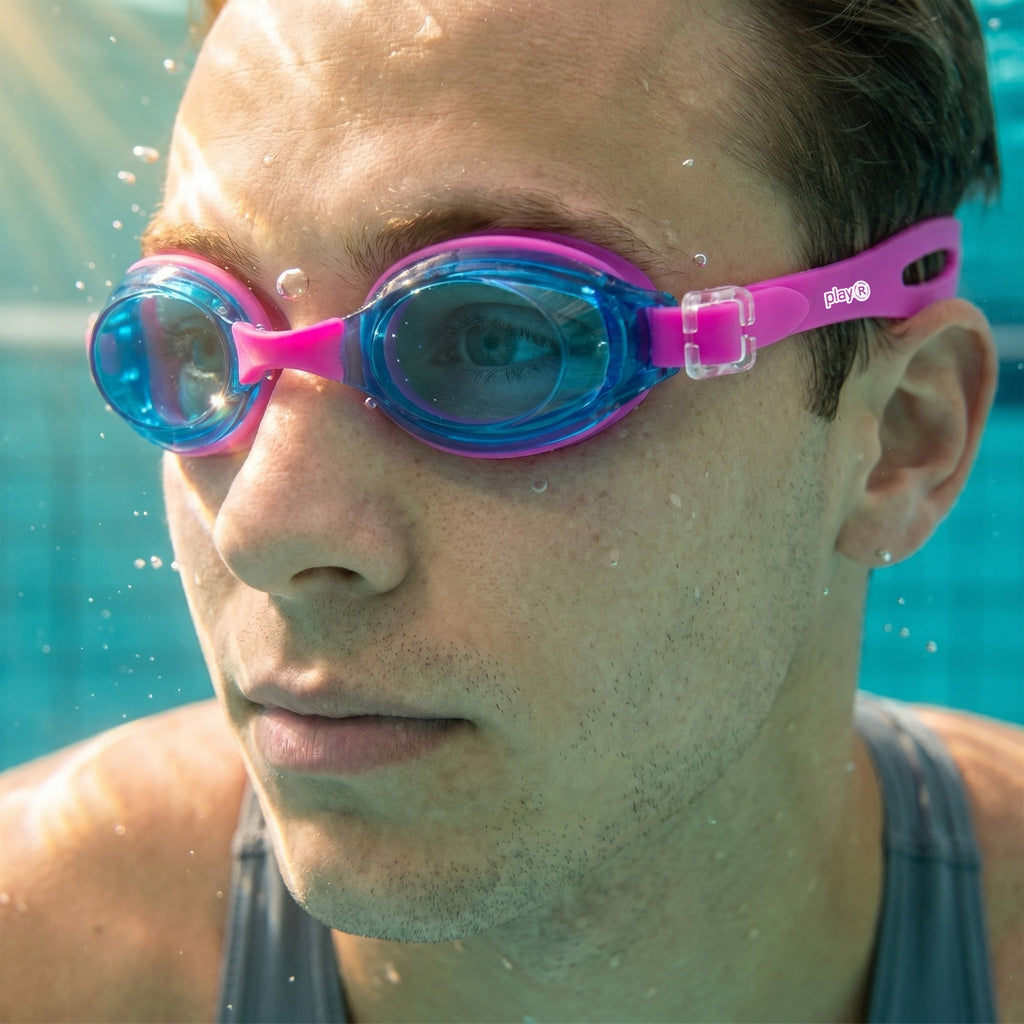 Adult Swimming Silicone PolyCarbonate Goggles Essentials UV Protection Anti Fog — Pink Blue