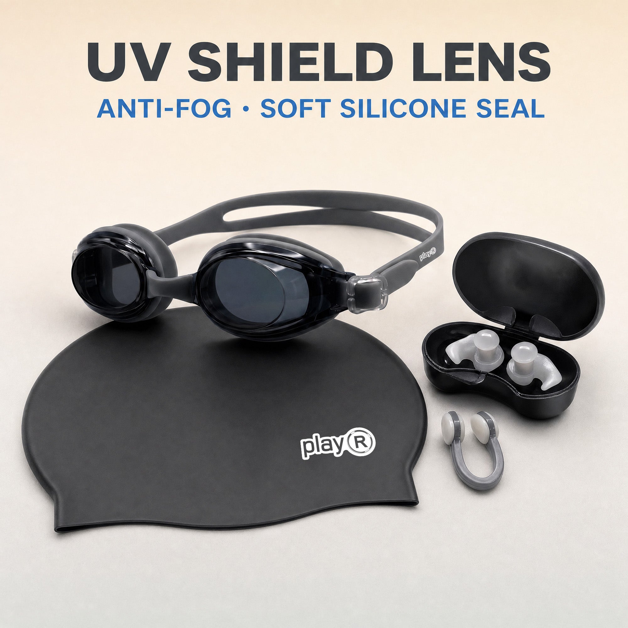 playR Swim Cap, Goggles, Ear Plugs &amp; Nose Clip Combo for Adults - Black