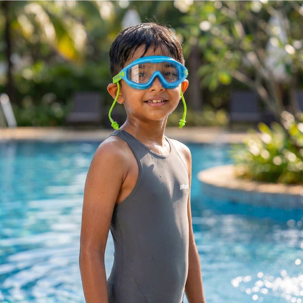 Kids Swimming Silicone PolyCarbonate Goggles Mask Essentials UV Protection Anti Fog — Green Blue