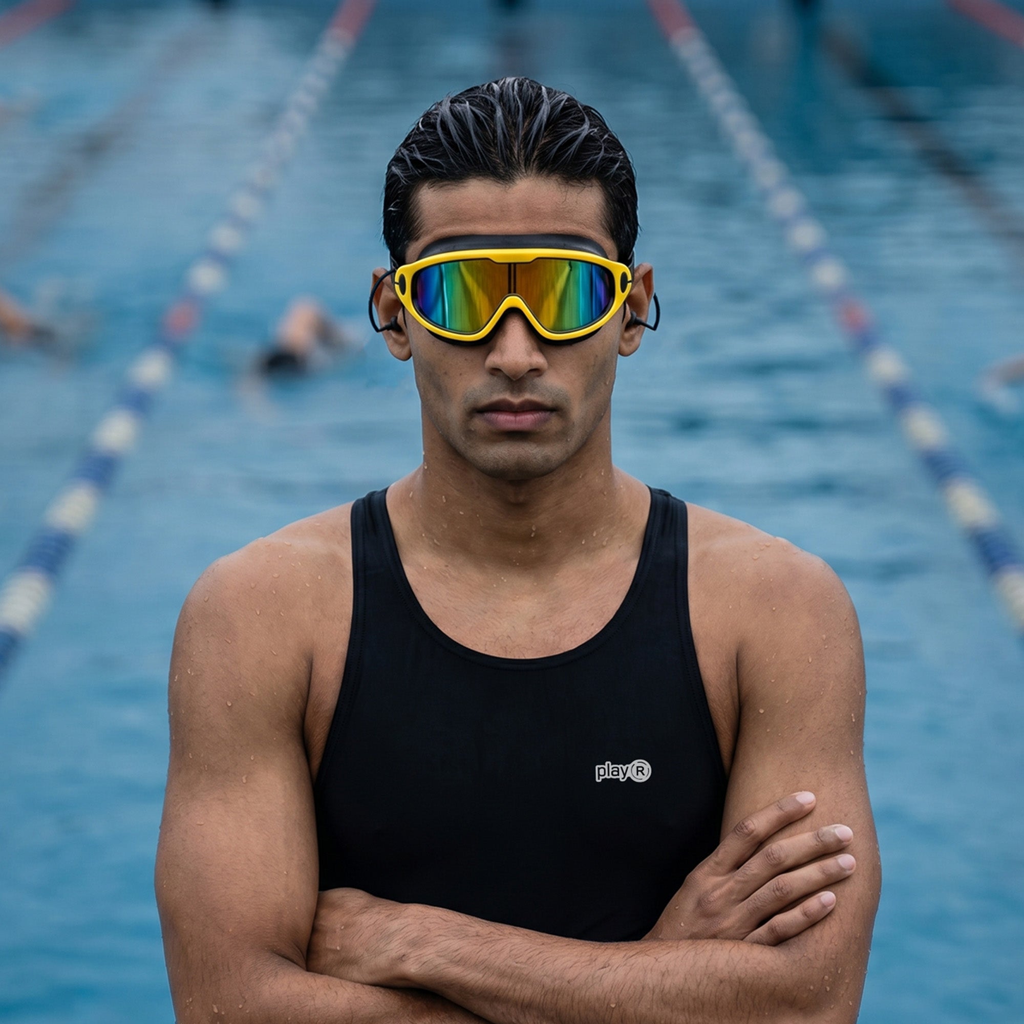 Adult Swimming Silicone PolyCarbonate Electroplated Goggles Mask Performance UV Protection Anti Fog — Yellow Black