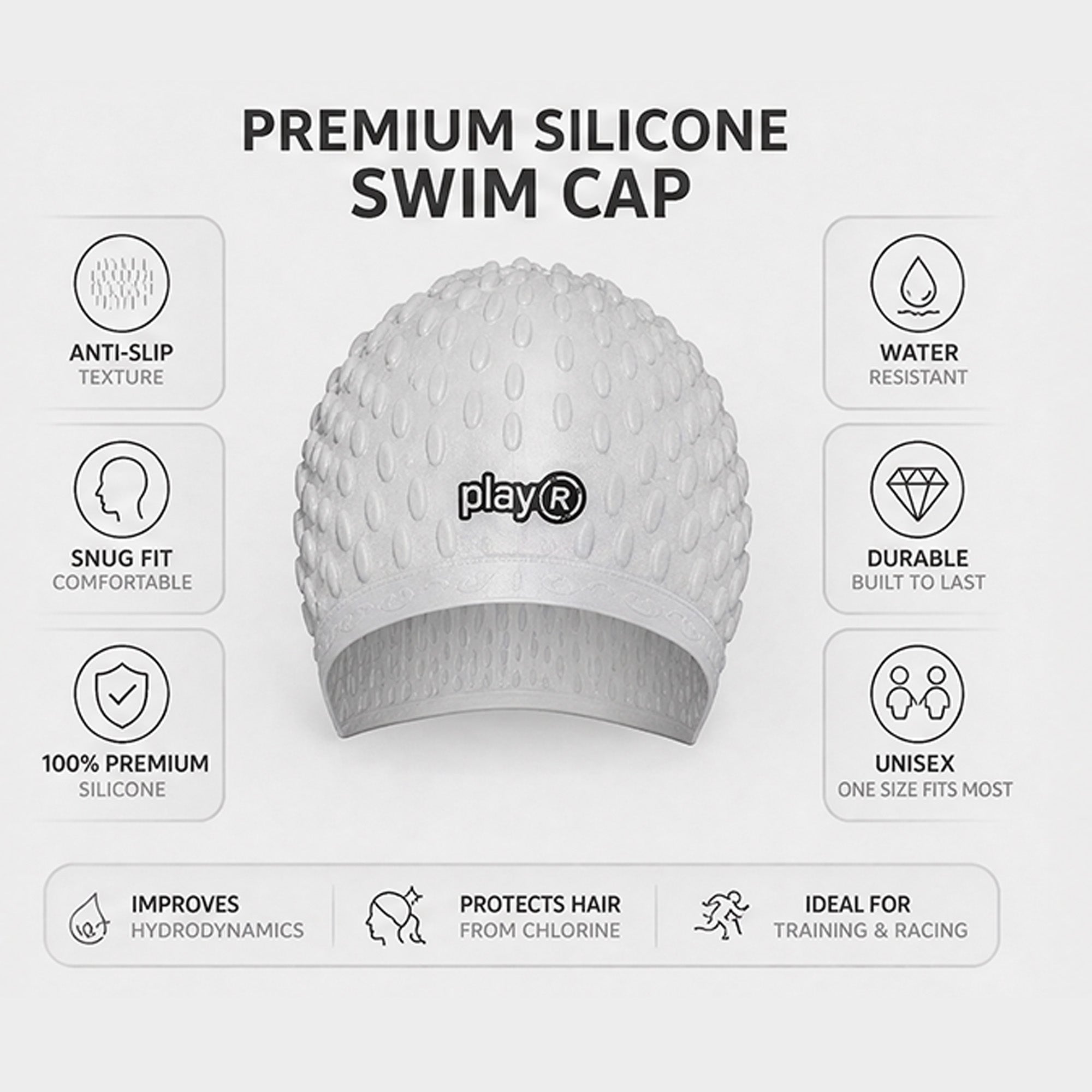 Adult Swimming Silicone Cap Professional — Silver Secondary image