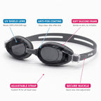 Adult Swimming Silicone PolyCarbonate Goggles Essentials UV Protection Anti Fog — Black Grey