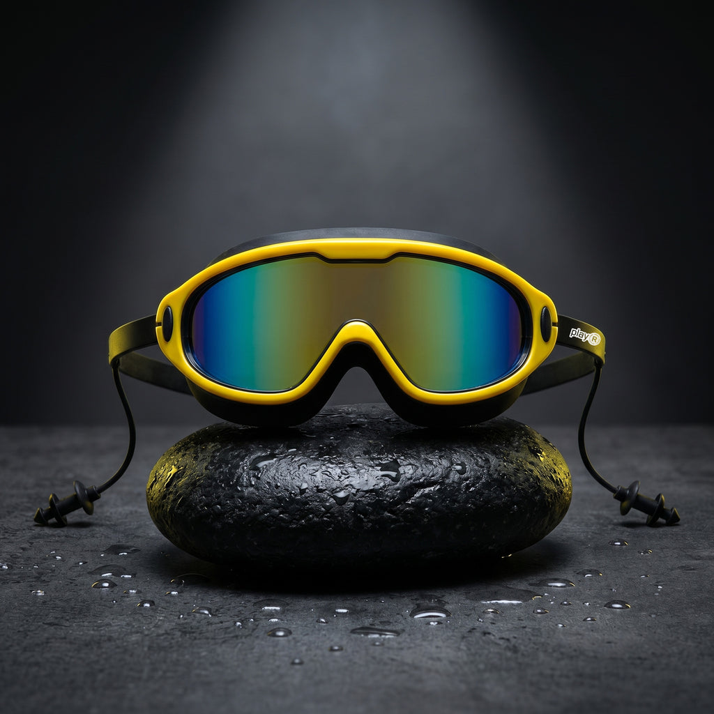 Adult Swimming Silicone PolyCarbonate Electroplated Goggles Mask Performance UV Protection Anti Fog — Yellow Black
