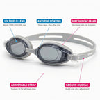 Adult Swimming Silicone PolyCarbonate Goggles Essentials UV Protection Anti Fog — Silver Grey