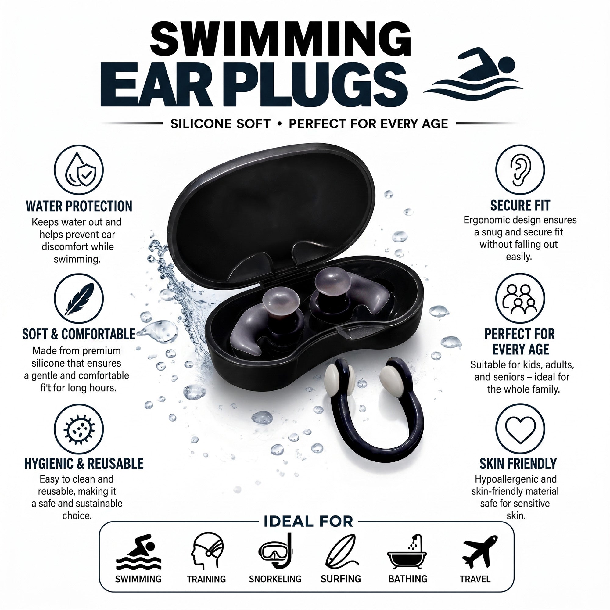 Adult Swimming Ear Plugs And Nose Clip Set Silicone — Black