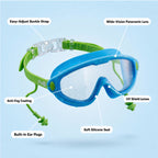 Kids Swimming Silicone PolyCarbonate Goggles Mask Essentials UV Protection Anti Fog — Green Blue