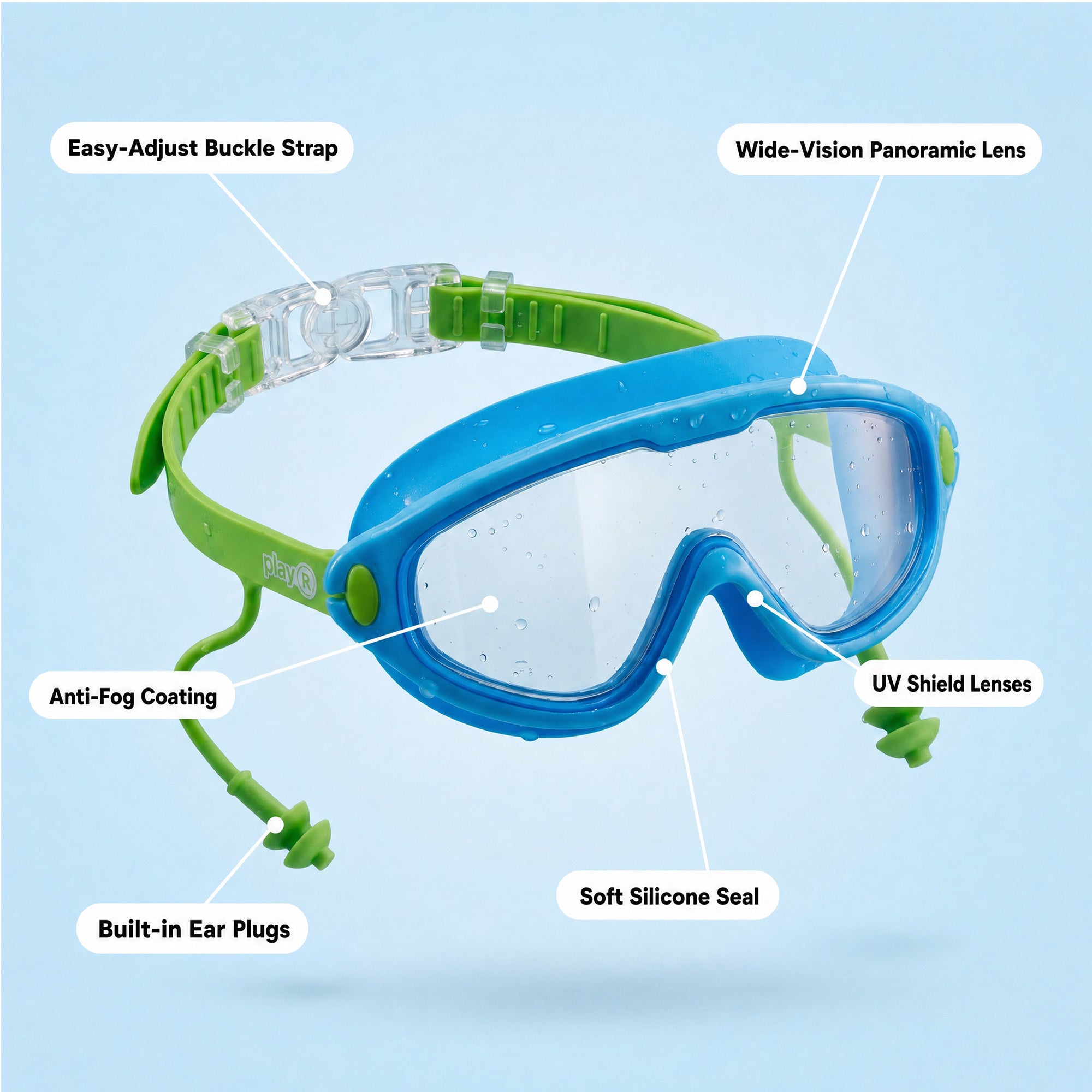 Kids Swimming Silicone PolyCarbonate Goggles Mask Essentials UV Protection Anti Fog — Green Blue