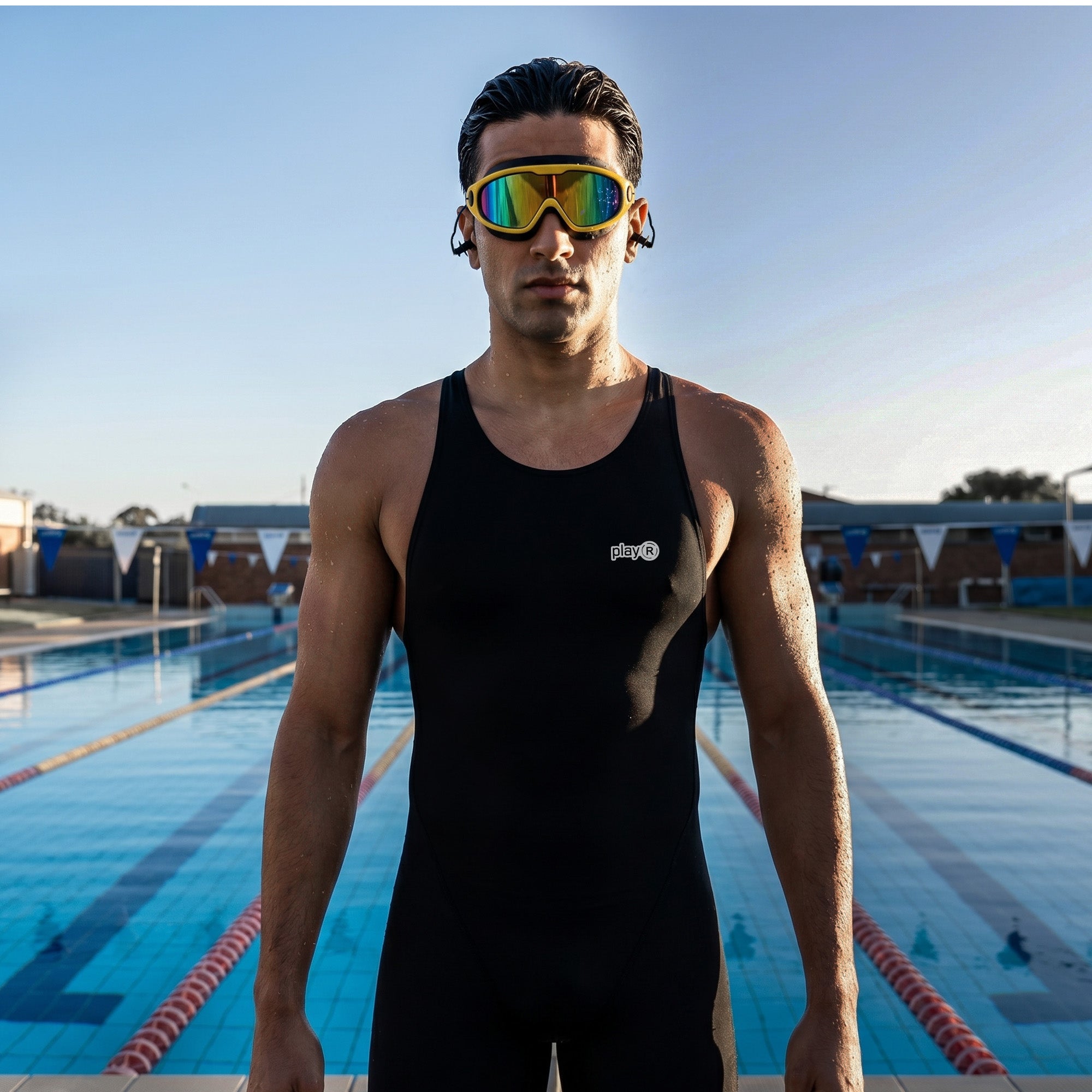 Adult Swimming Silicone PolyCarbonate Electroplated Goggles Mask Performance UV Protection Anti Fog — Yellow Black