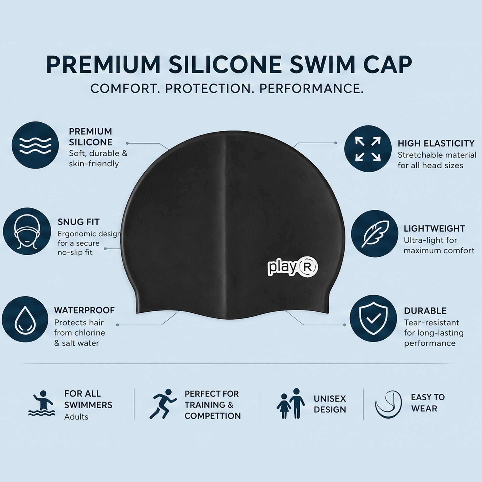 Adult Swimming Silicone Cap Performance — Black Secondary image