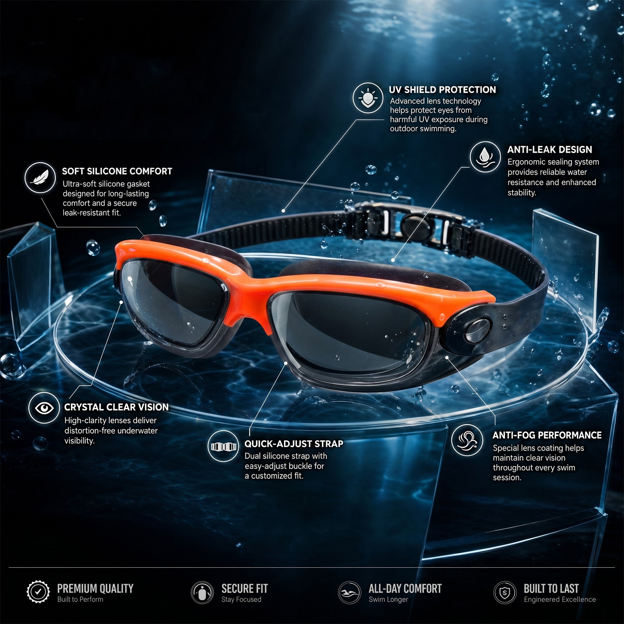 Adult Swimming Silicone PolyCarbonate Electroplated Goggles Performance UV Protection Anti Fog — Neon Orange Grey