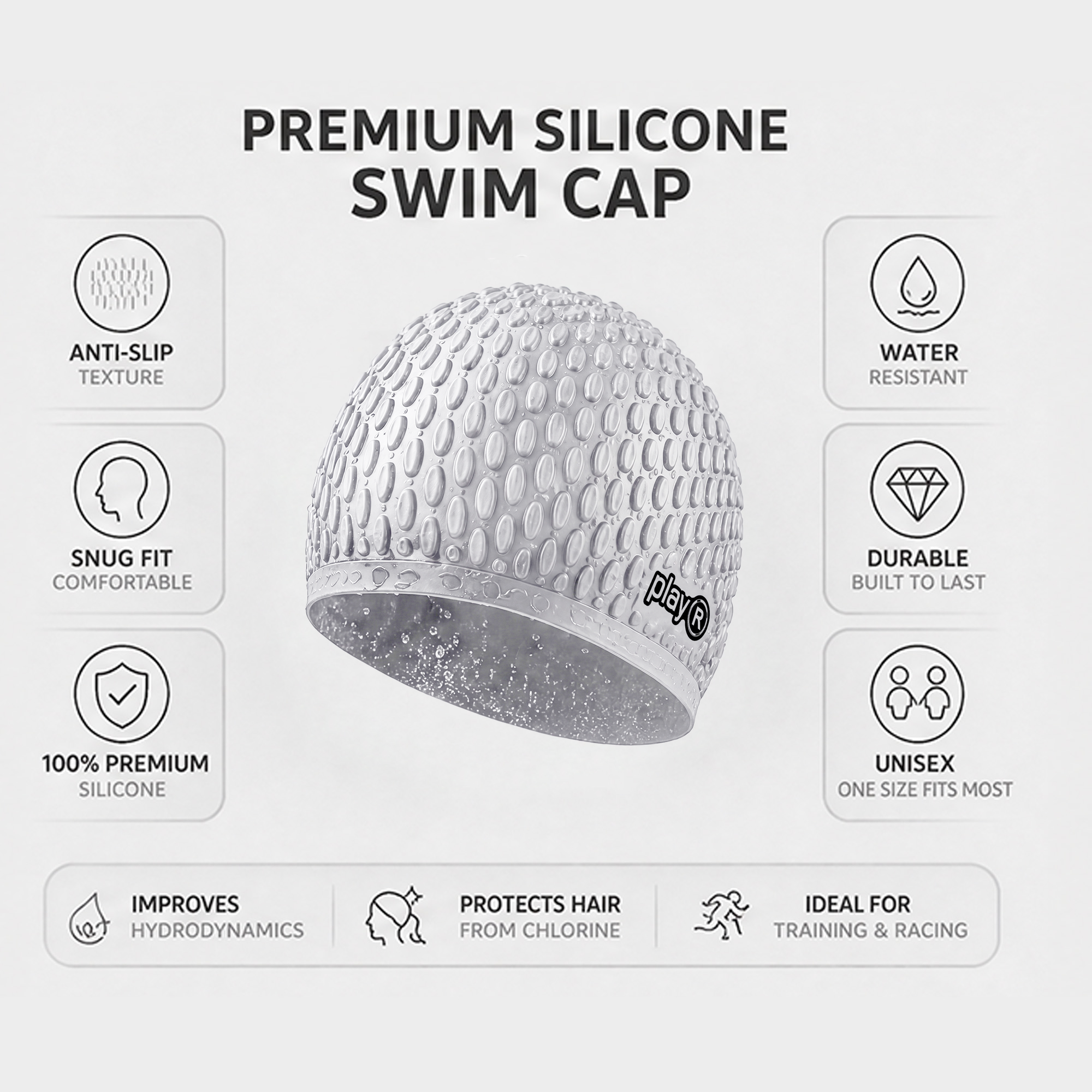 Adult Swimming Silicone Cap Professional — Silver Secondary image