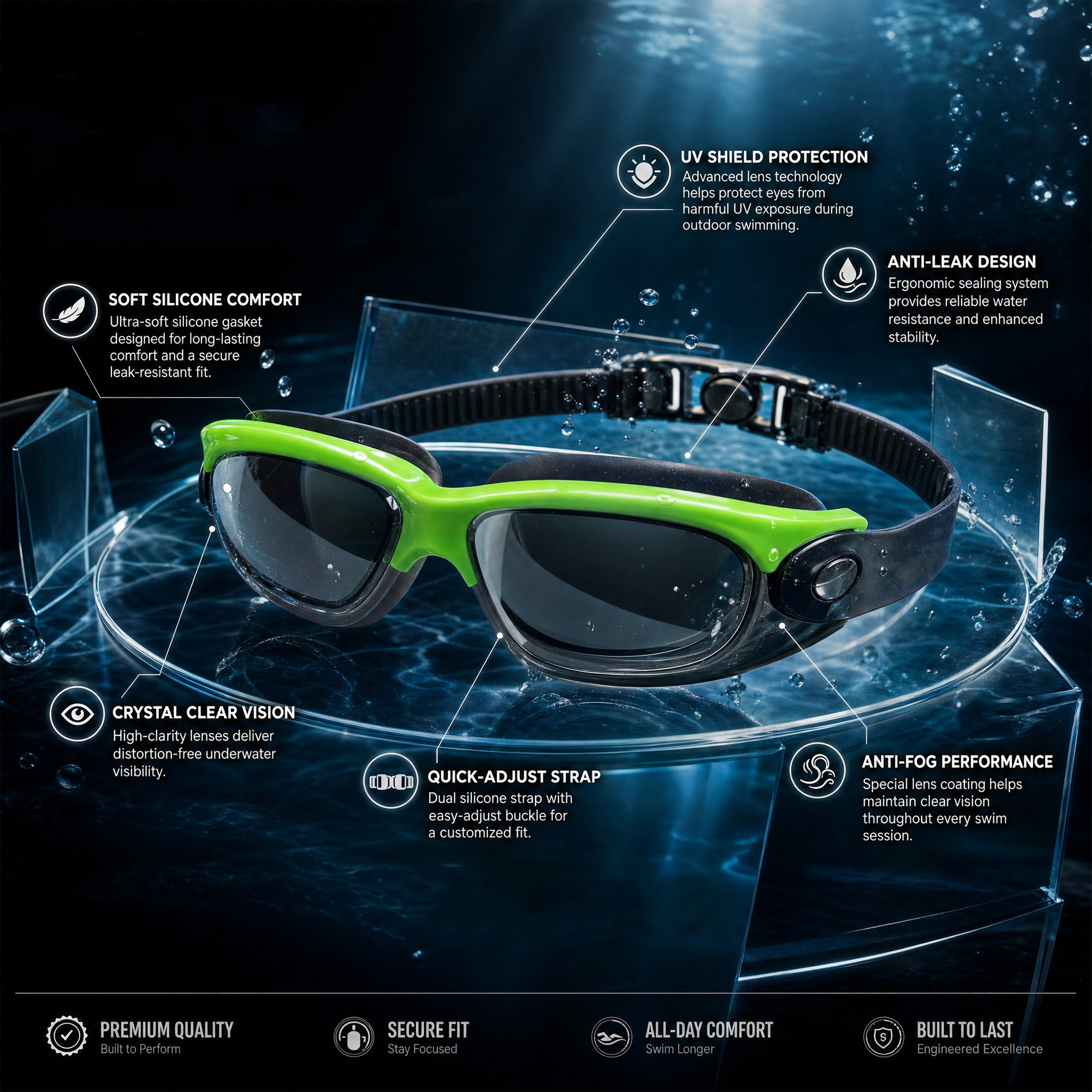 Adult Swimming Silicone PolyCarbonate Electroplated Goggles Performance UV Protection Anti Fog — Neon Green Grey Secondary image