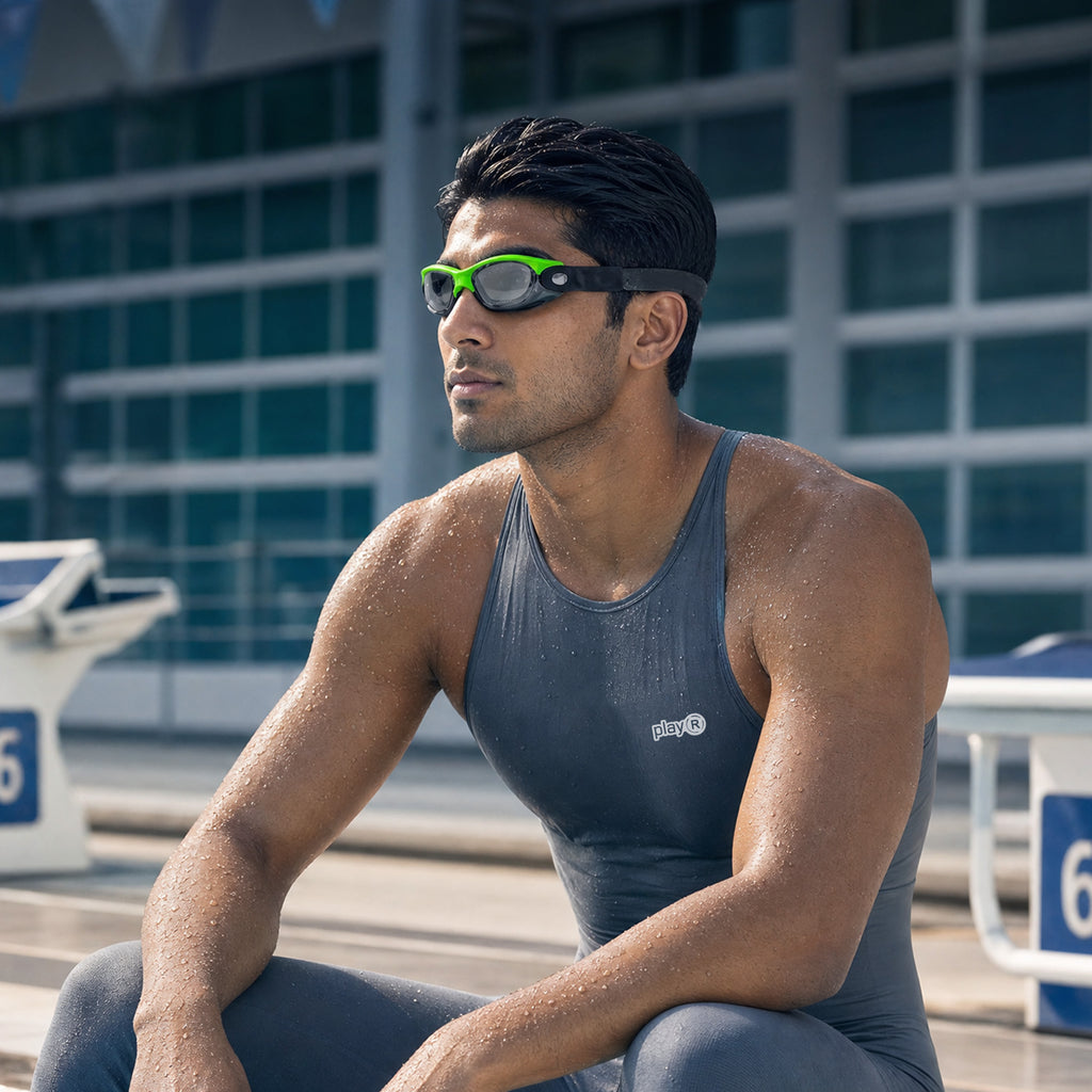 Adult Swimming Silicone PolyCarbonate Electroplated Goggles Performance UV Protection Anti Fog — Neon Green Grey