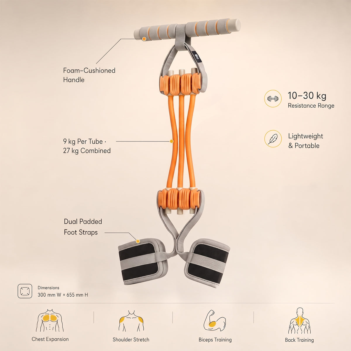 playR Pedal Tummy Trimmer Resistance Band, 3 Detachable Tubes 10-30 Kgs Orange